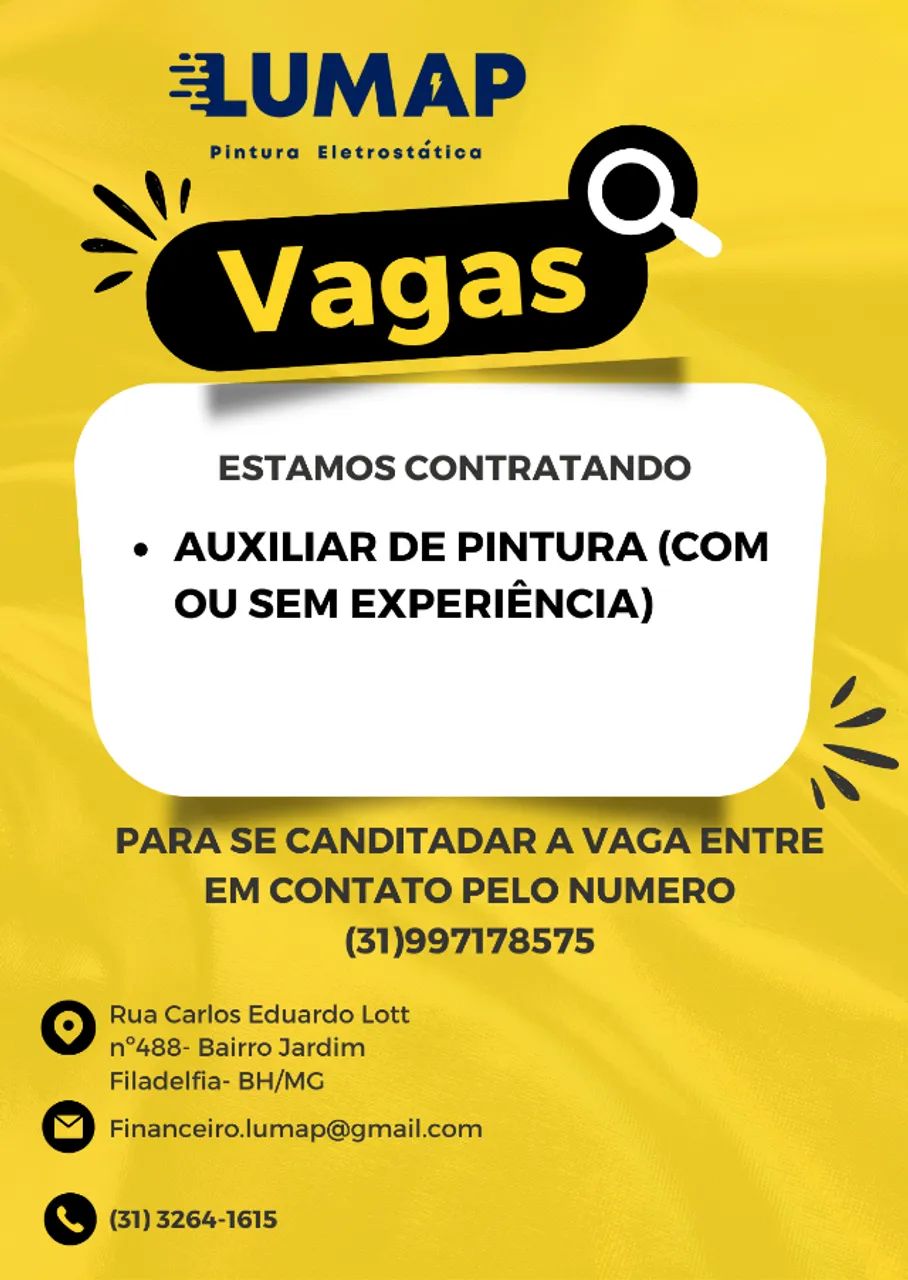 VAGA DE EMPREGO AUXILIAR DE PINTURA ELETROSTATICA