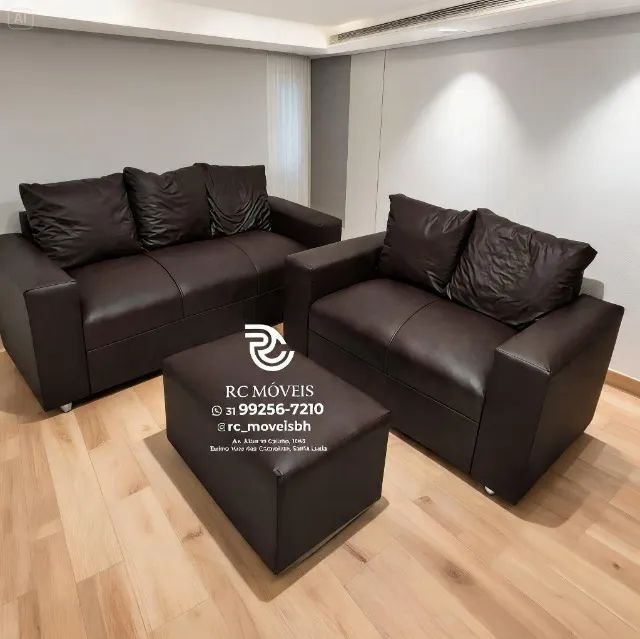Conjunto Sofá 3 e 2 Lugares Puff Courino Marrom Claro D33 Aconchegante - Foto 2
