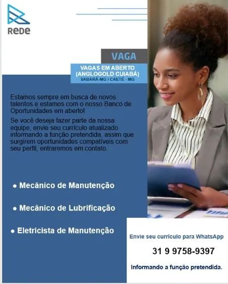 Vagas: Eletricista de Manutenção/ Mecânico de Manutenção/ Mecânico de Lubrificação