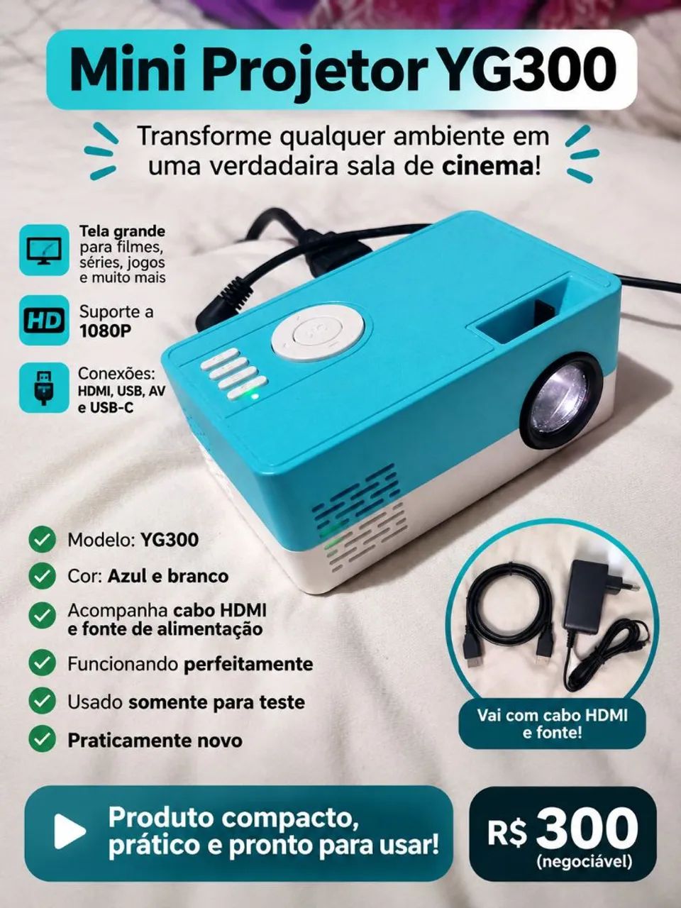 Mini Projetor YG300 - Azul e Branco