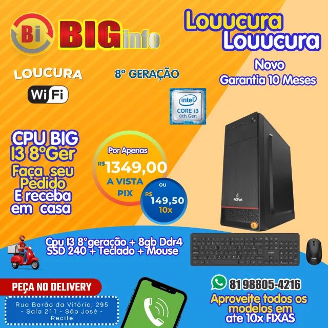 Computador BIG Cpu I3 8°geração + 8gb Ddr4 + SSD 240 - Novo - NFe - Garantia  - Somos Loja
