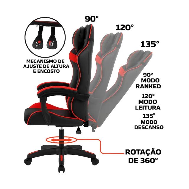 Cadeira Gamer Escritório Reclinável Ergonômica Giratória com Rodinhas X-On - Vermelha - Foto 2