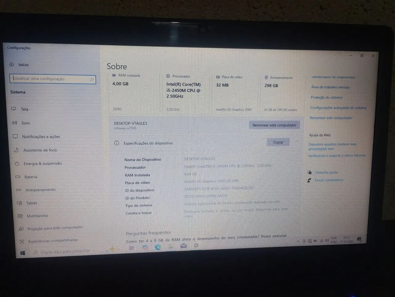 Notebook i5 4gb ram HD 320gb Windows 10 (MOÓCA)