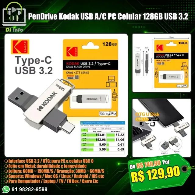 PenDrive Kodak USB A/C PC Celular 128GB USB 3.2