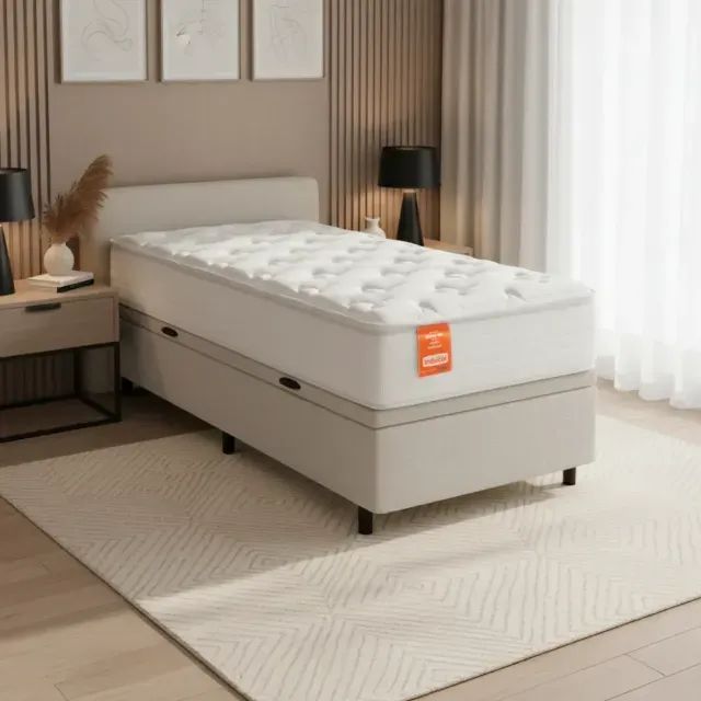 Cama de Solteiro Base Baú Bege + Colchão Ortobom Premium