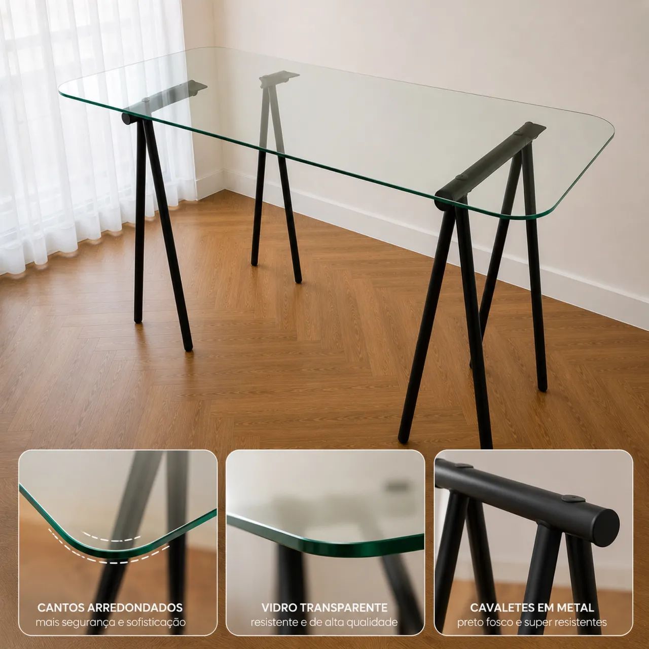 Mesa Escritório Vidro Com Cavaletes Pretos 160x80x75 - Foto 4