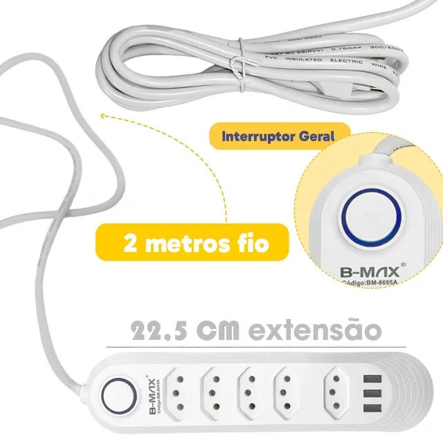 Extensão 5 Tomadas + 3 USB Filtro de Linha. Extensão de Tomada + USB Filtro de Linha