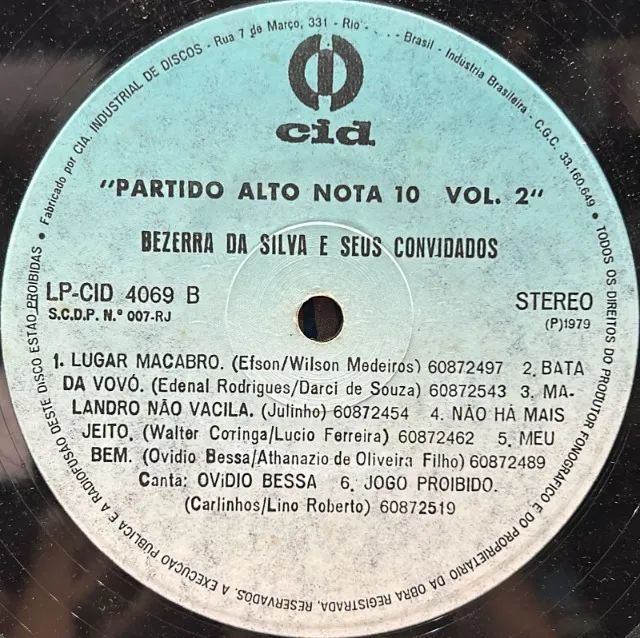 Disco de Vinil LP Partido Alto nota 10 vol 2 Bezerra da Silva e Seus Convidados 