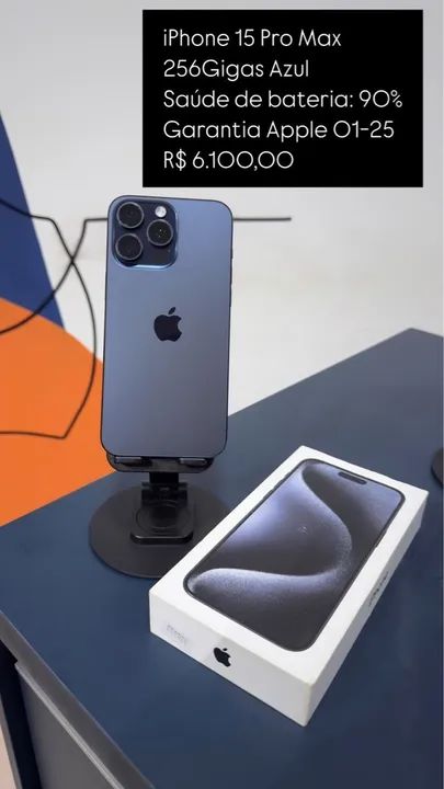 iPhone 15 Pro Max 256GB Azul Semi Novo / Saúde de bateria 90