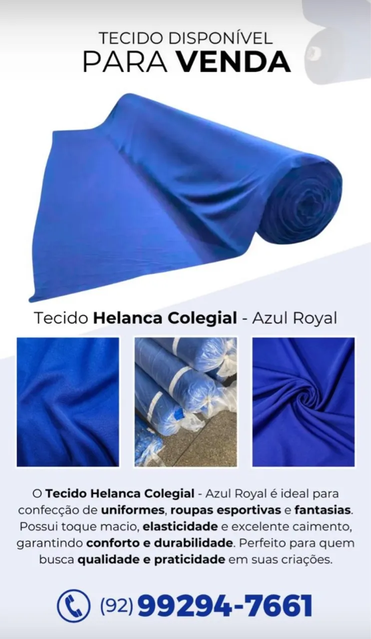 Tecido Helanca Colegial - Azul Royal - Para Uniformes e Roupas Esportivas