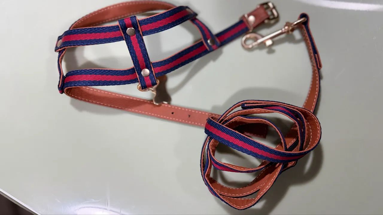 conjunto peitoral estilo H e guia, azul e vermelho, tamanho p, nunca usado