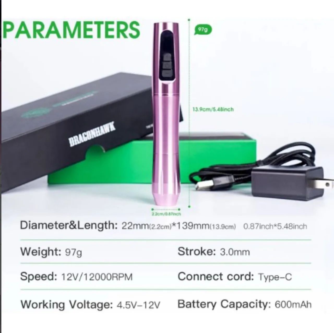 Dermógrafo Dragonhawk Wireless Rosa 4.5V a 12V USB-C - Foto 6