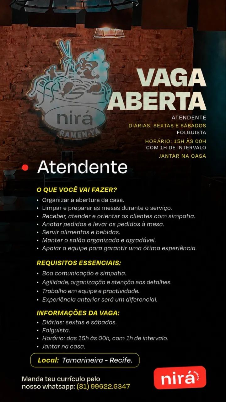 VAGA GARÇOM/GARÇONETE - CONTRATAÇÃO IMEDIATA 
