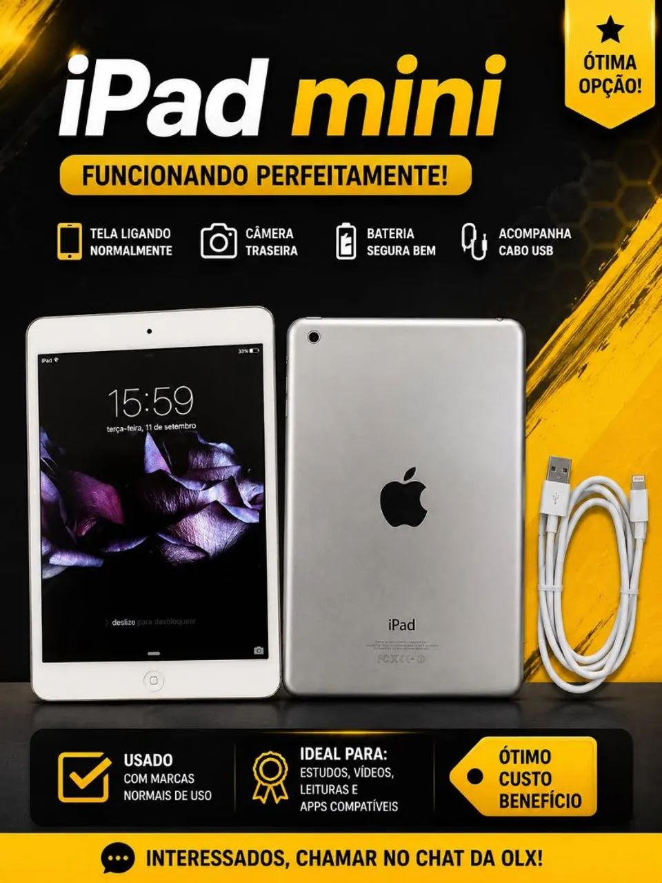 ? IPAD MINI + CABO ? FUNCIONANDO ? ÓTIMO PARA USO NO DIA A DIA! (R$220)