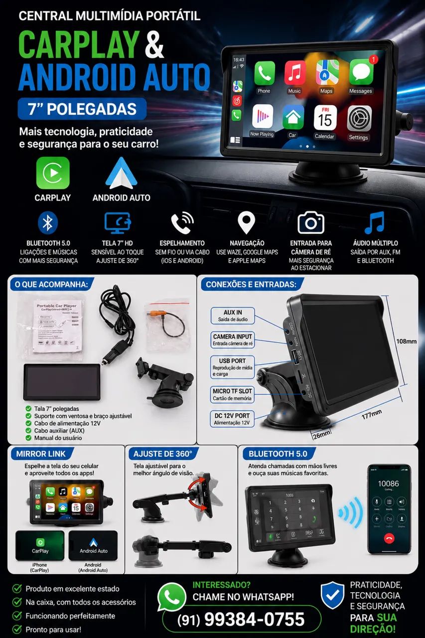 Central multimídia portátil de 7?, compatível com Android e iPhone.