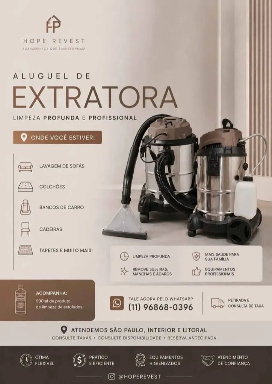 Locação de Extratora para lavagem de estofados.