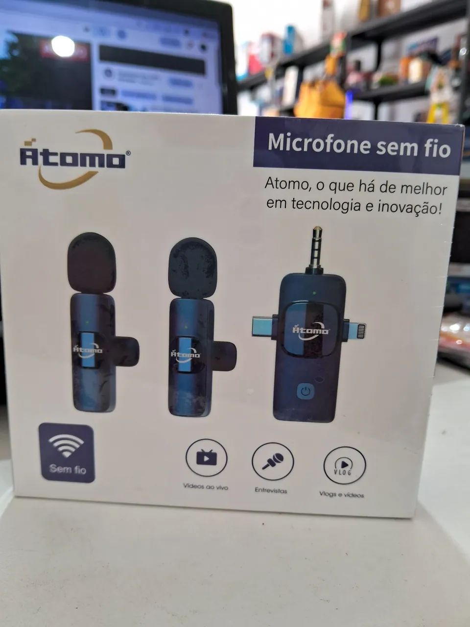 Microfone sem Fio Átomo MO-F14 para Iphone e Tipo C
