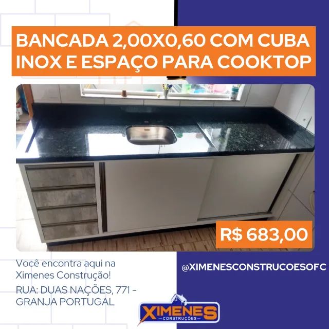 pia de cozinha granito verde ubatuba 2,00x060 com cuba inox e furo de
