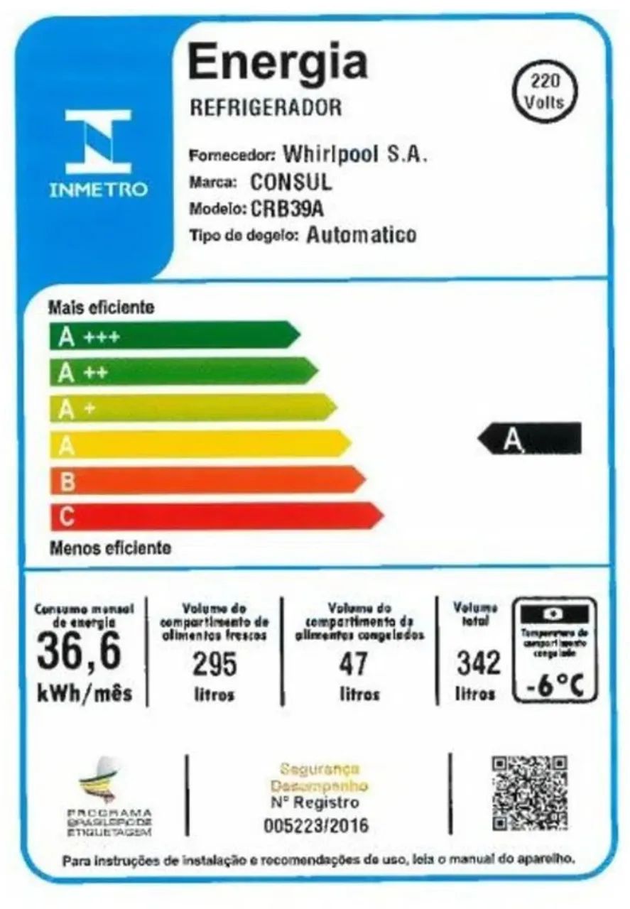 Geladeira Consul CRB39A - Classe A - 342 Litros