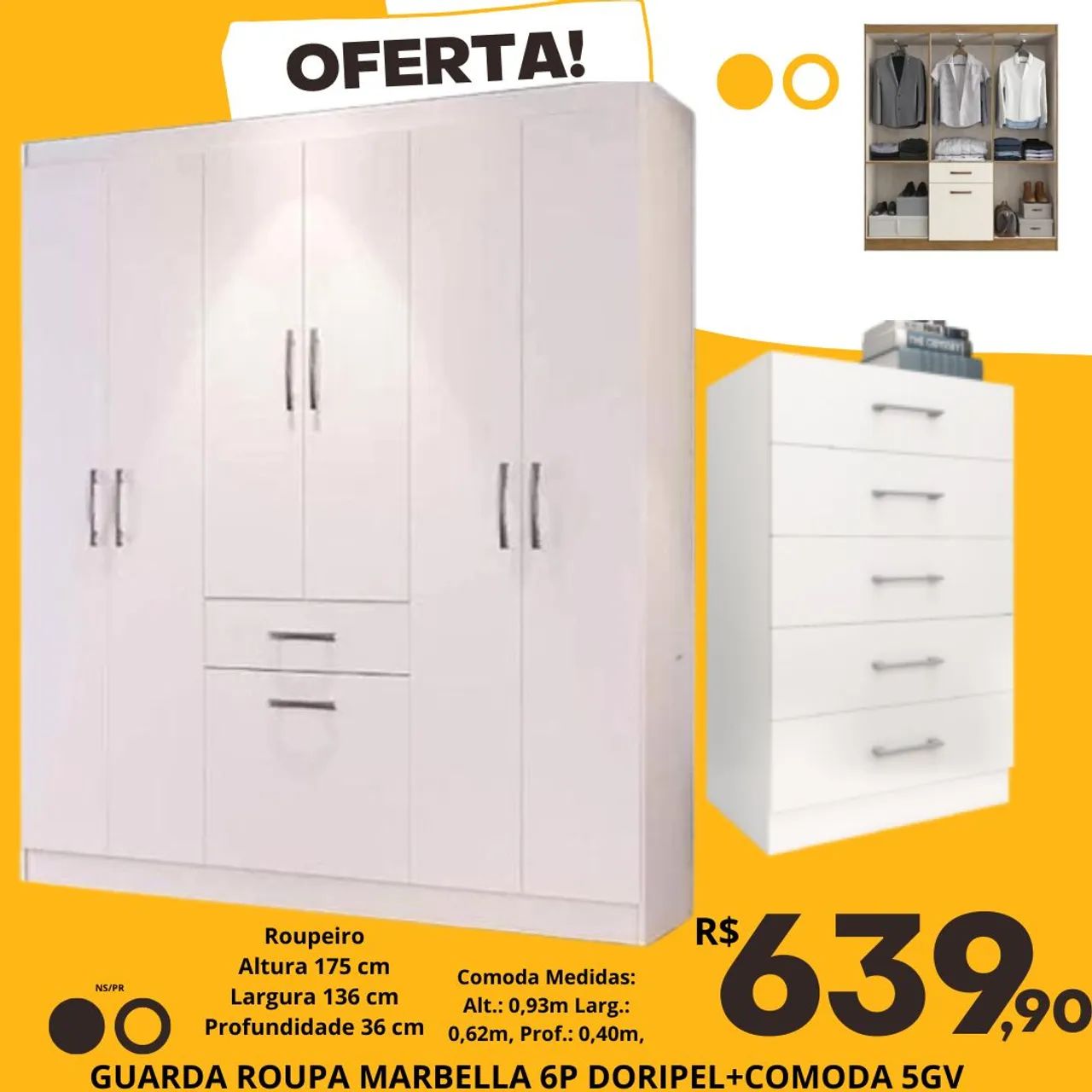Guarda-Roupa Marbella 6 Portas + Cômoda 5 Gavetas