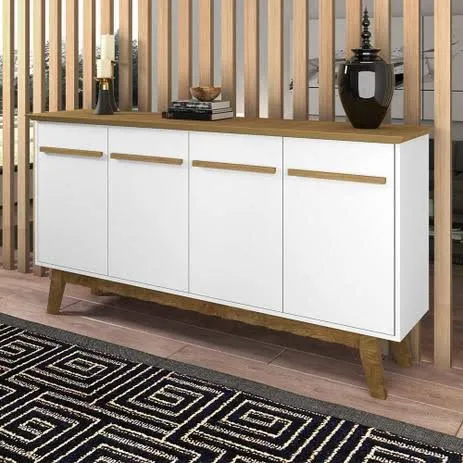 Buffet Moderno 4 Portas Branco e Amadeirado