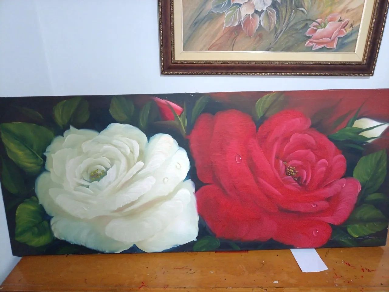 Quadro Pintura a óleo com rosas brancas e vermelhas