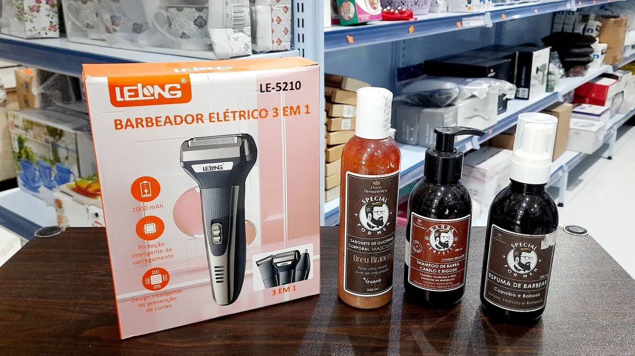 Kit Barbear Elétrico 3 em 1 + Produtos para Barba