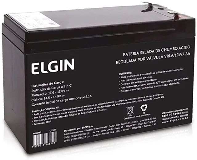 Bateria 12V 7Ah Elgin para No-Break, Cerca Elétrica, Alarme