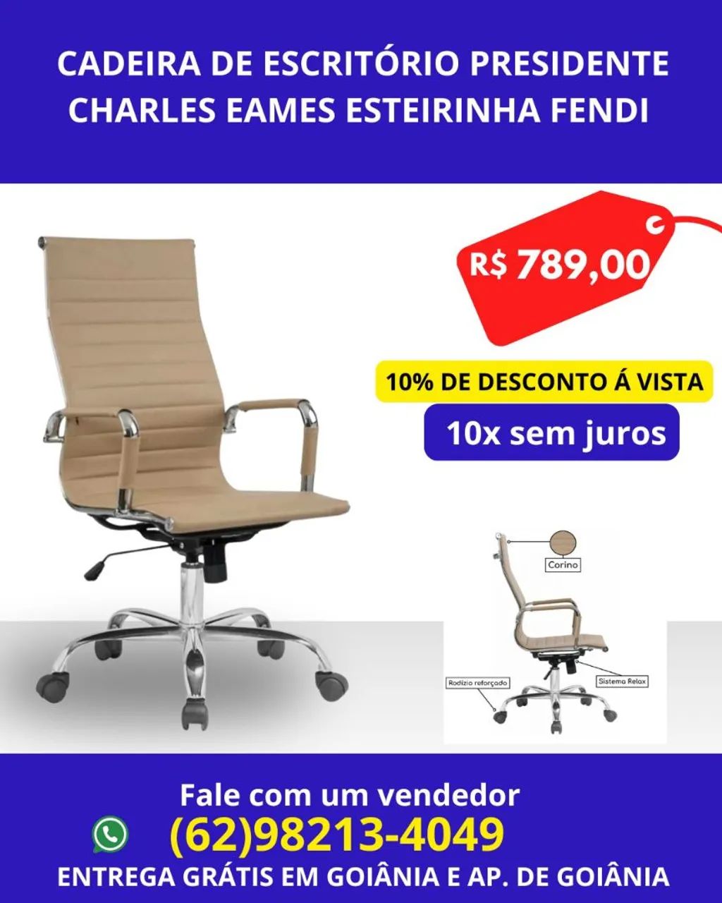 Cadeira de Escritório Presidente Charles Eames Esteirinha Fendi
