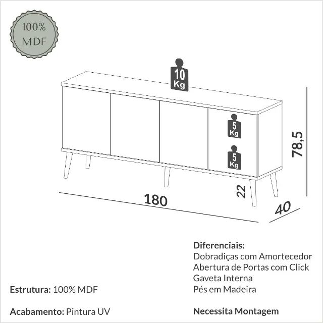  BUFFET 100% MDF COM GAVETA INTERNA + PÉS EM MADEIRA  - Foto 4