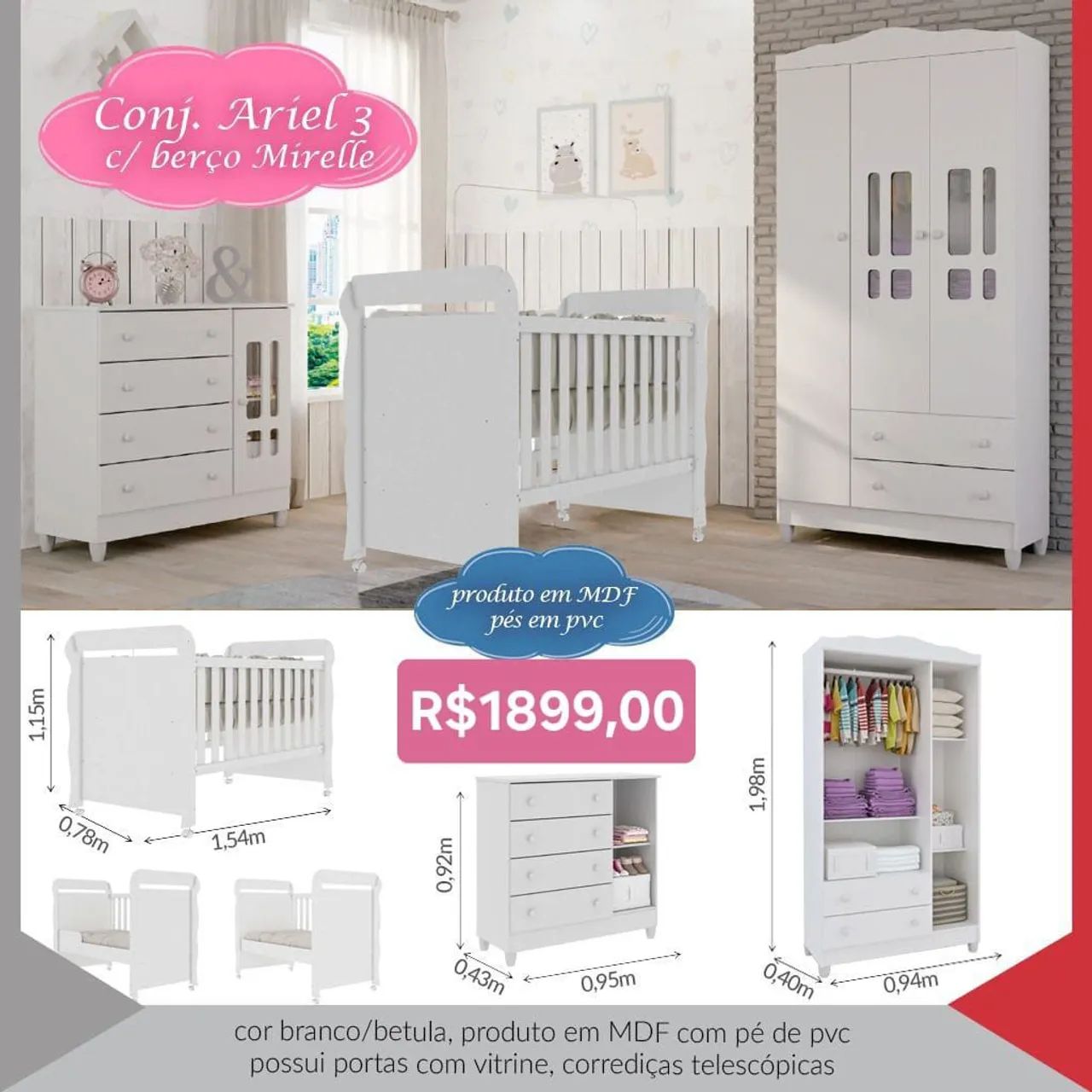 Conjunto quarto de bebê Ariel branco 