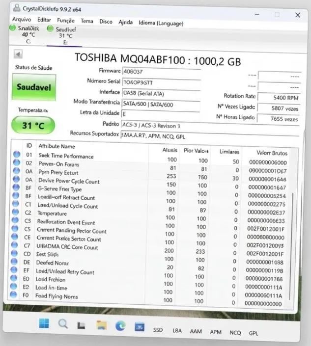 HD Interno de 1TB Toshiba (2.5 polegadas) - 100% Saudável, Testado e 100% Funcional! - Foto 4