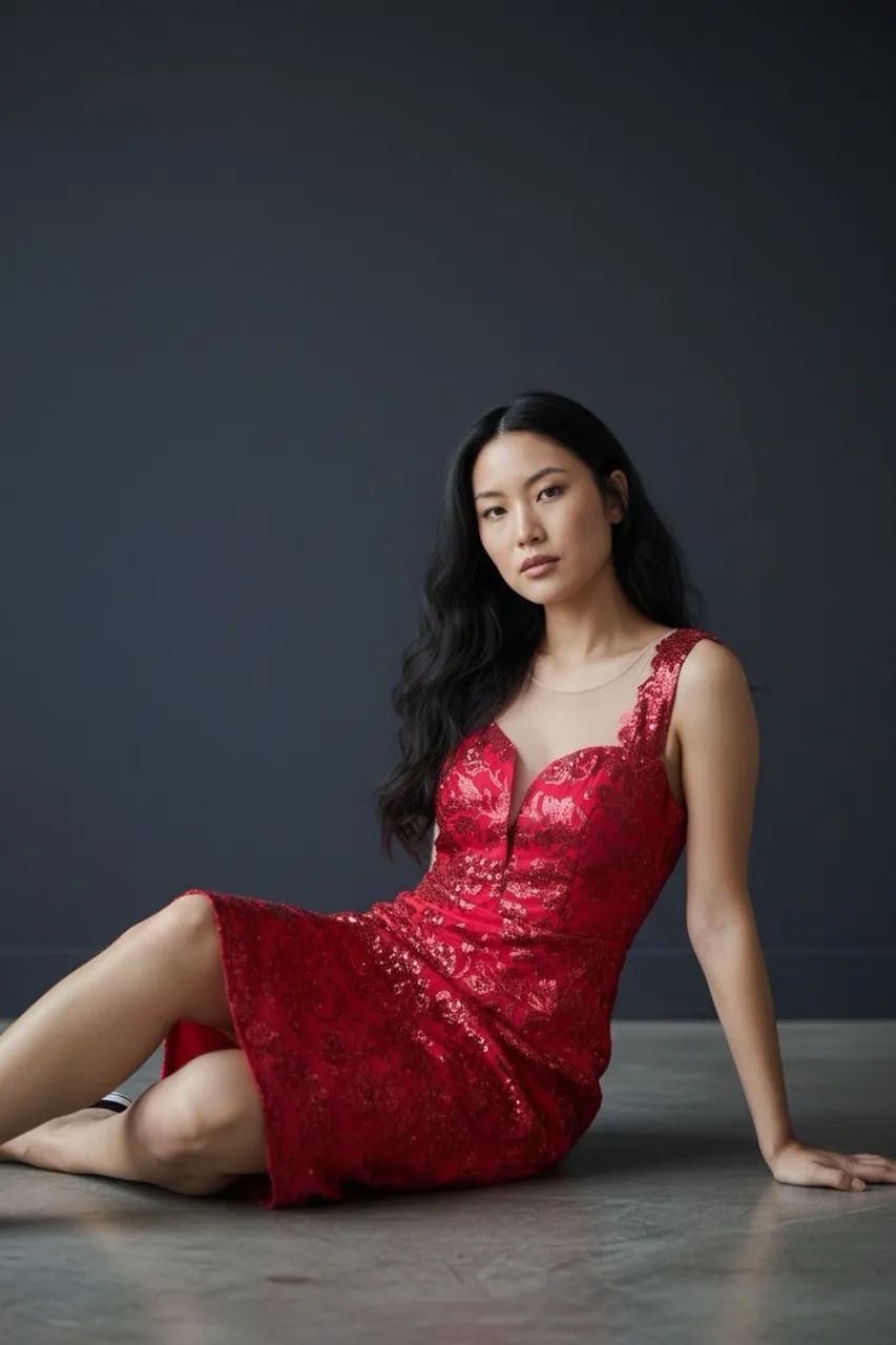 Vestido Curto Vermelho Paetê e Renda 