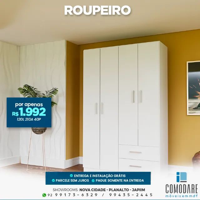 Roupeiro Branco 4 Portas com 2 Gavetas - R$ 1.992