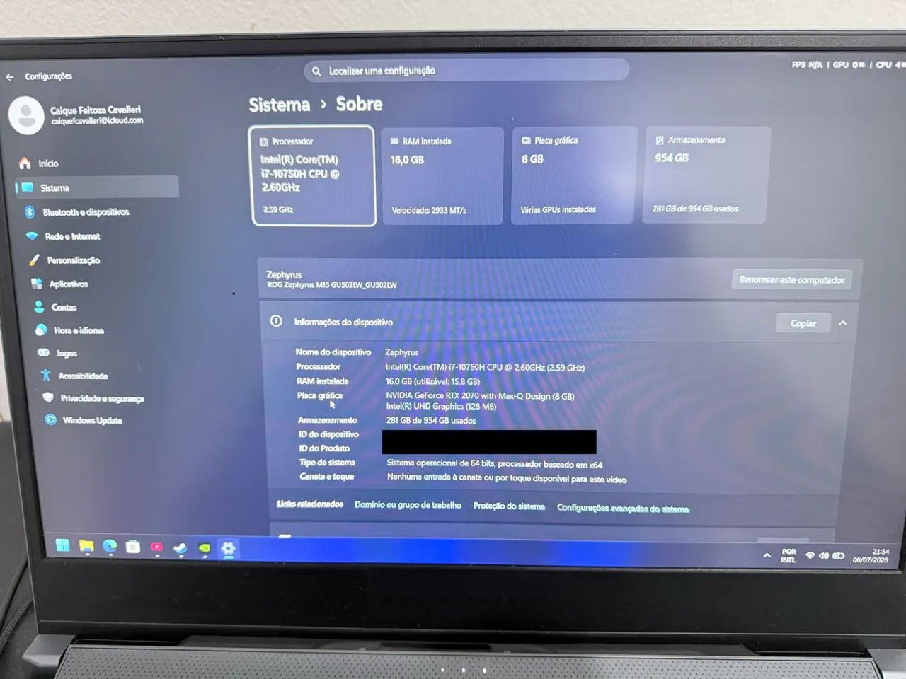 ASUS ROG Zephyrus M15 Gamer - RTX 2070 Max-Q | Intel Core i7 | Excelente Estado - Foto 3