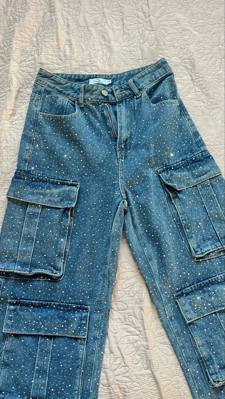 Calça cargo jeans strass - Foto 3