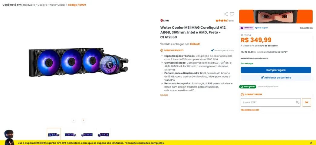 Water Cooler MSI MAG Coreliquid A12, ARGB, 360mm, Intel e AMD, Preto - CLA12360