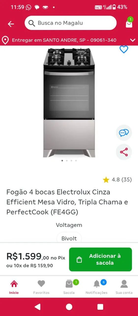 Vendo fogão 4 bocas Eletrolux inox 