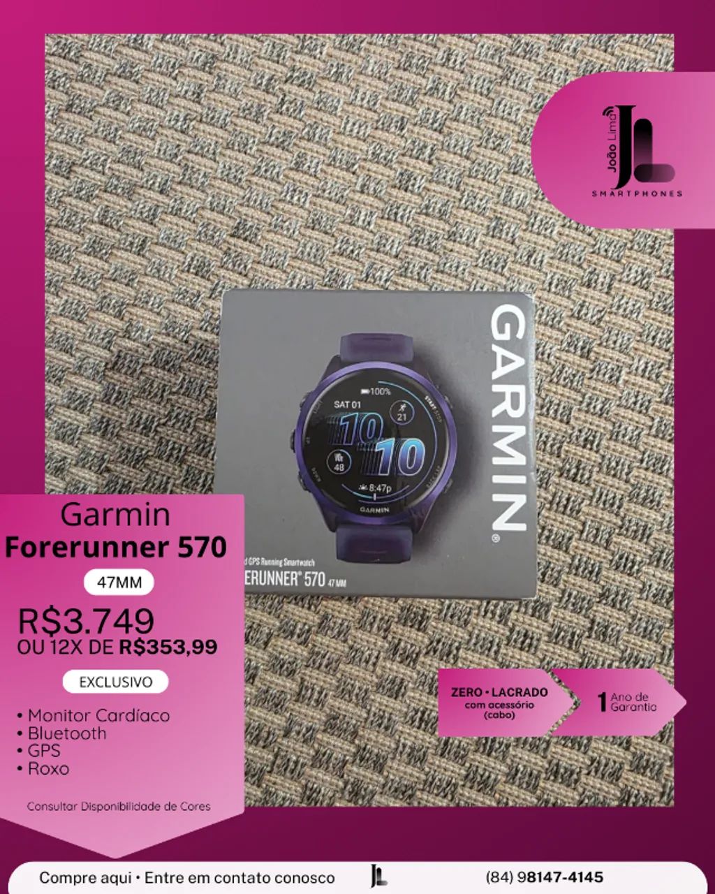 GARMIN FORERUNNER 570, 47MM, ROXO, LACRADO, EXCLUSIVO!