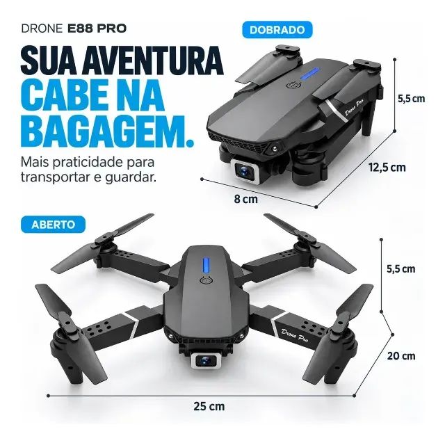 Drone E99 Portátil 02 Câmeras HD Preto - Foto 3