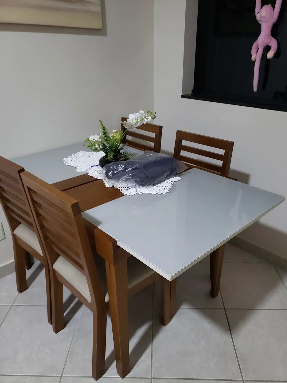 Mesa Extensível Madeira Vidro 4 Cadeiras
