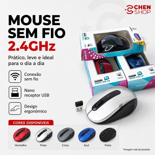 Mouse Sem Fio 2.4GHz com Nano Receptor USB Cores Disponíveis