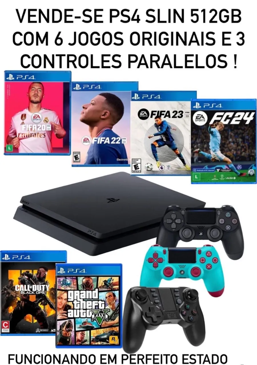 PS4 Slim 512GB + 6 Jogos Originais + 3 Controles