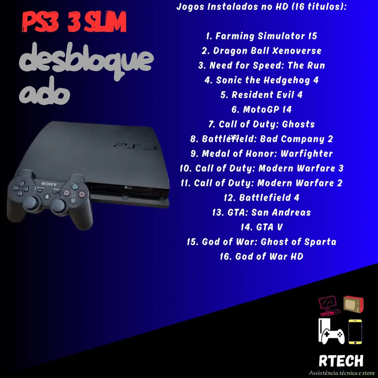 PS3 Slim desbloqueado com 16 jogos
