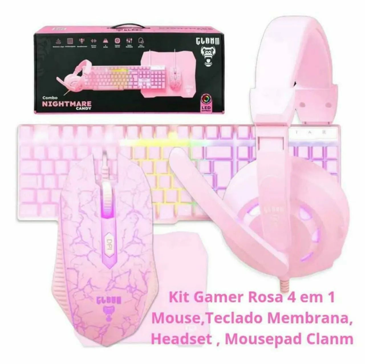 KIT GAMER ROSA 4 EM 1 MOUSE, TECLADO, HEADSET, MOUSEPAD CLANM PROMOÇÃO R$220