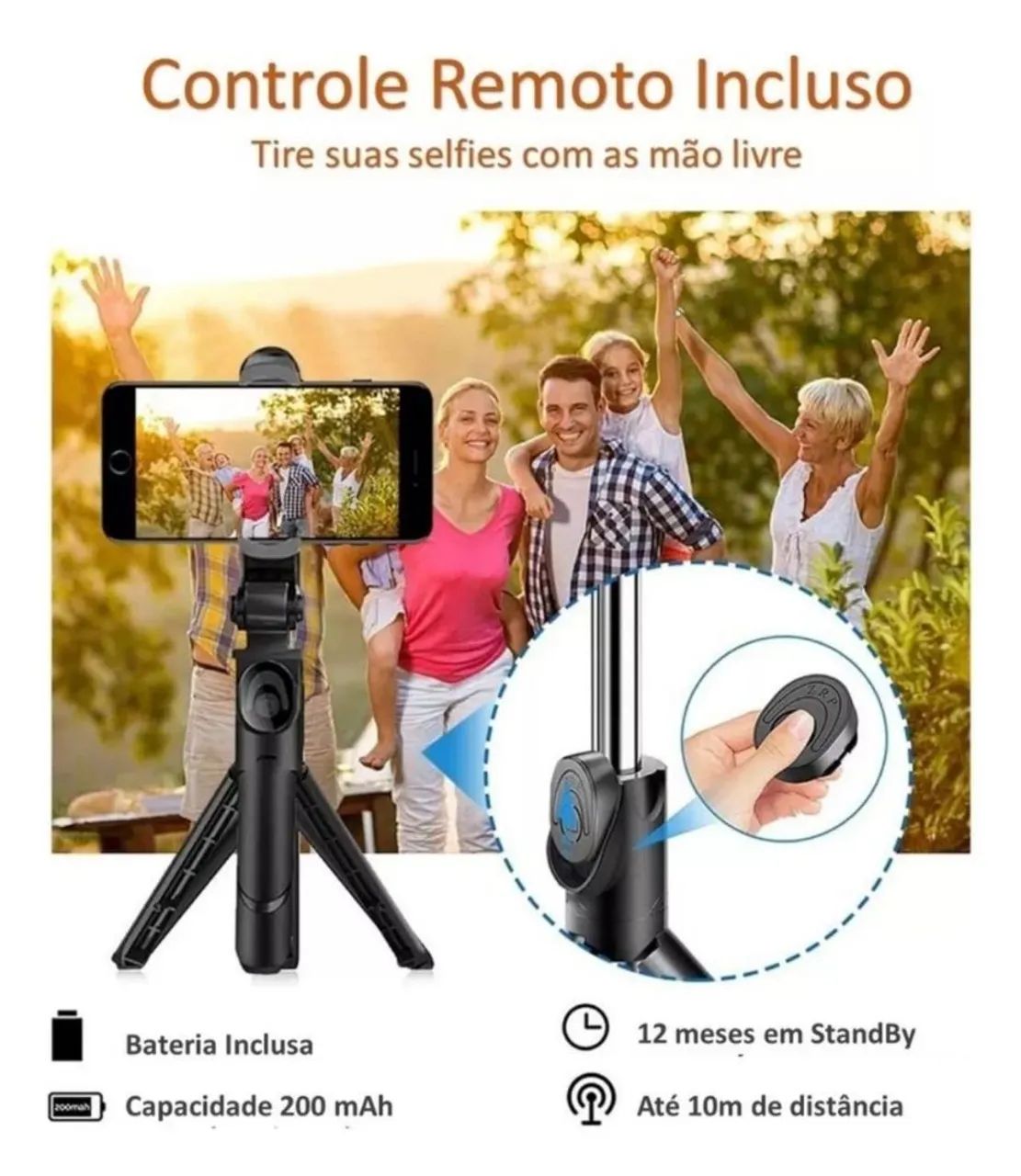 Tripé Selfie Extensível com Controle Remoto Bluetooth - Foto 3