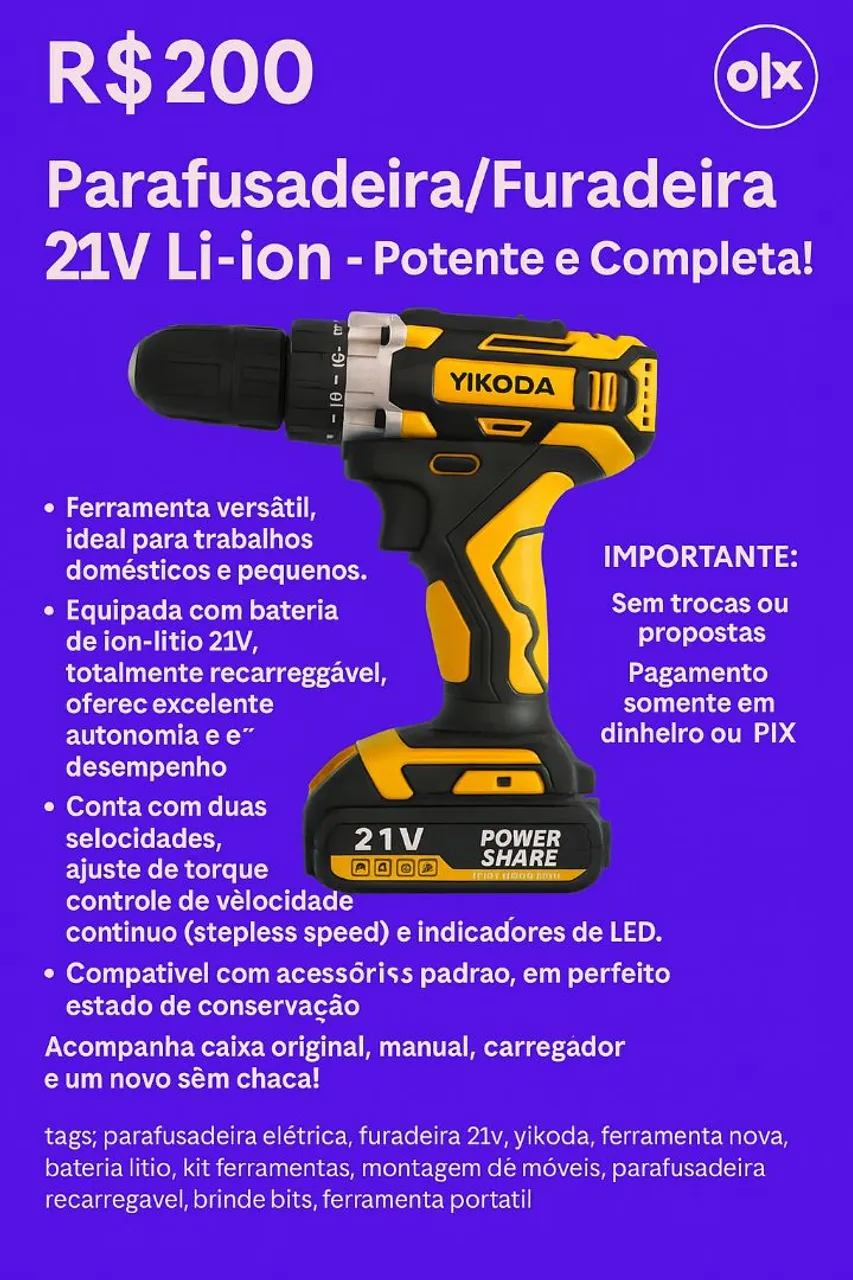 Parafusadeira/Furadeira 21V Li-ion YIKODA - Potente e Completa!