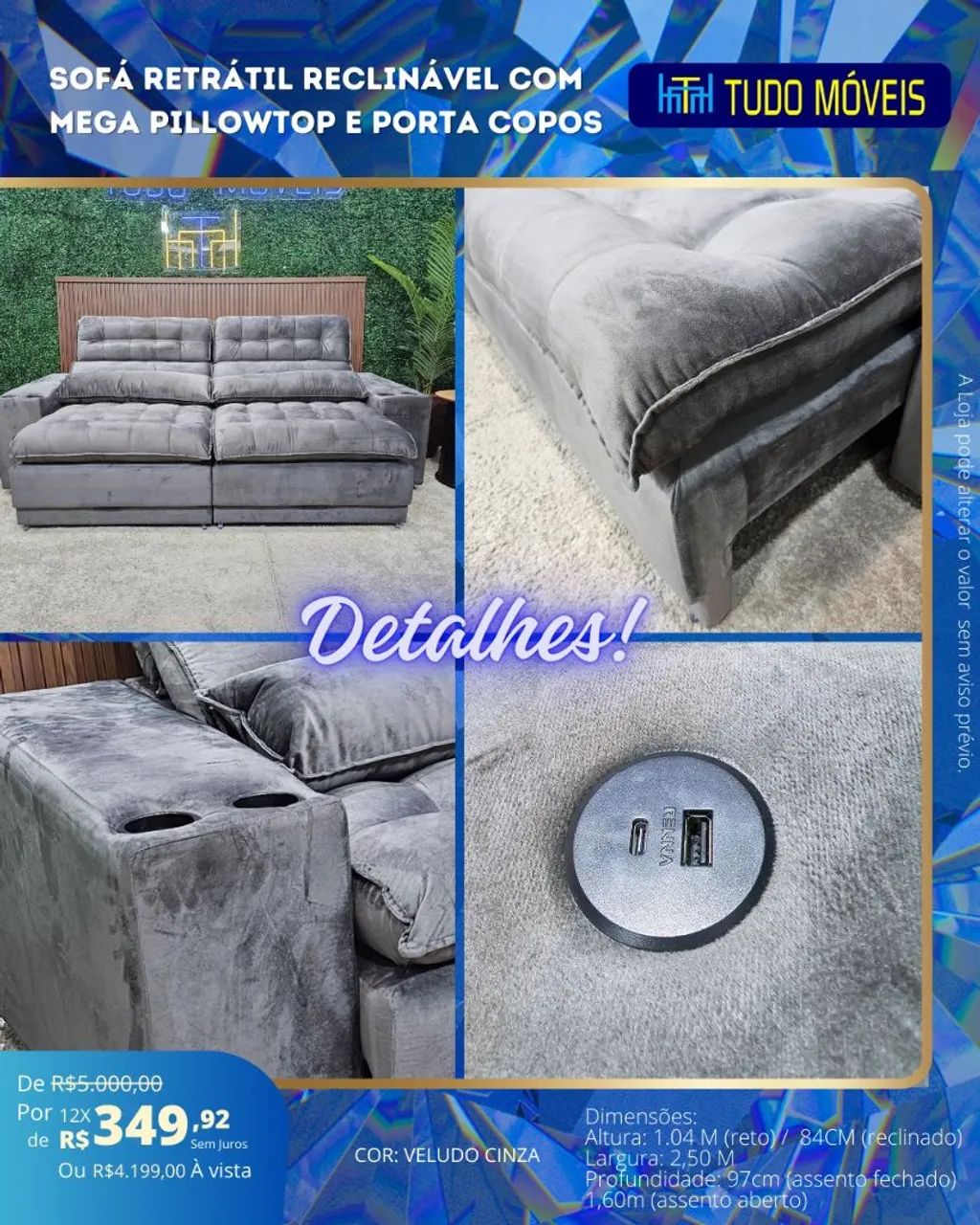 SOFÁ RETRÁTIL E RECLINÁVEL COM PILLOWTOP E PORTA COPOS. - Foto 4