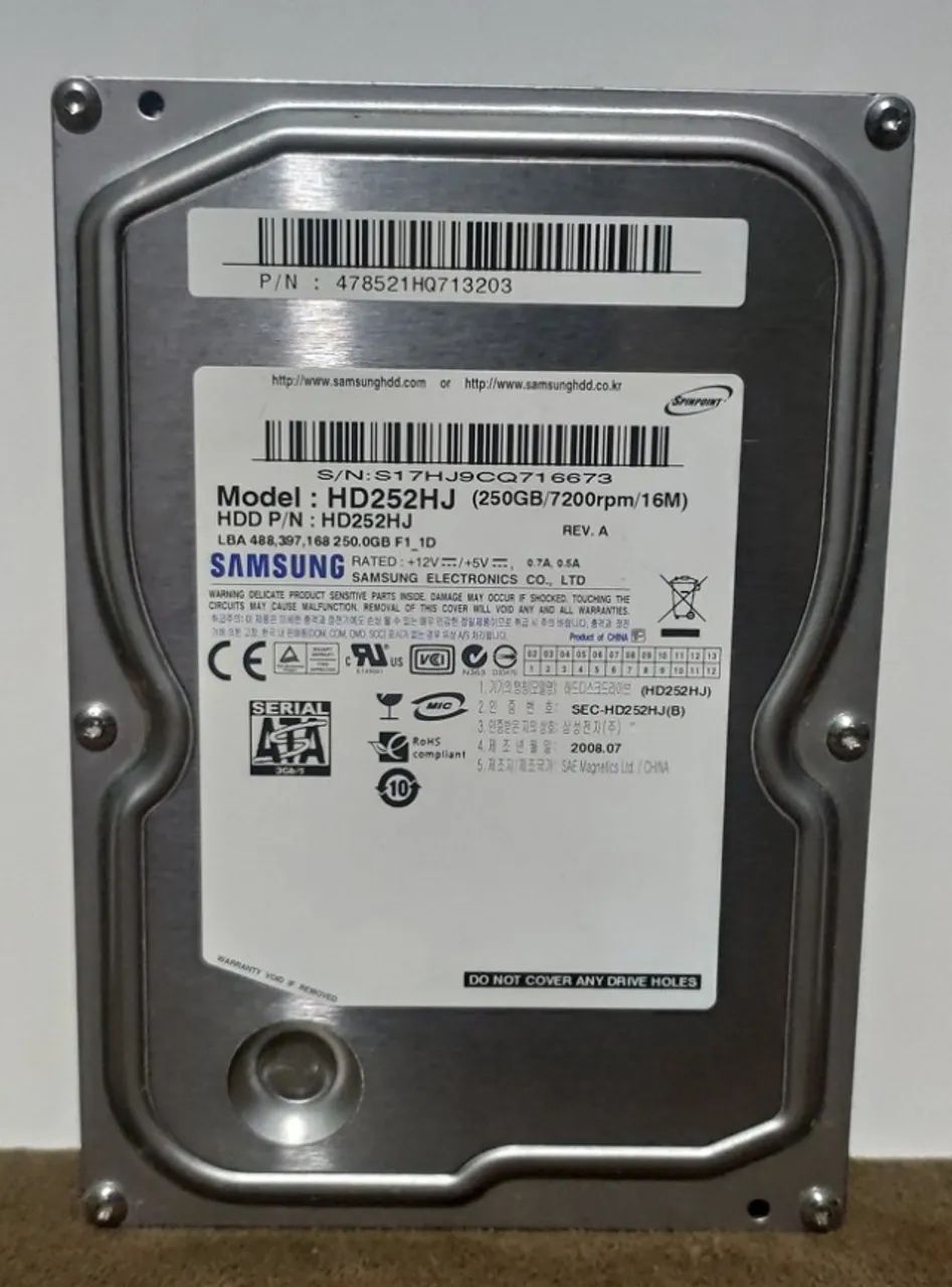 Hdd 250GB 3,5" Sata SAMSUNG HD252HJ Pc Desktop Computador - Hd Usado Funcionando Perfeitam