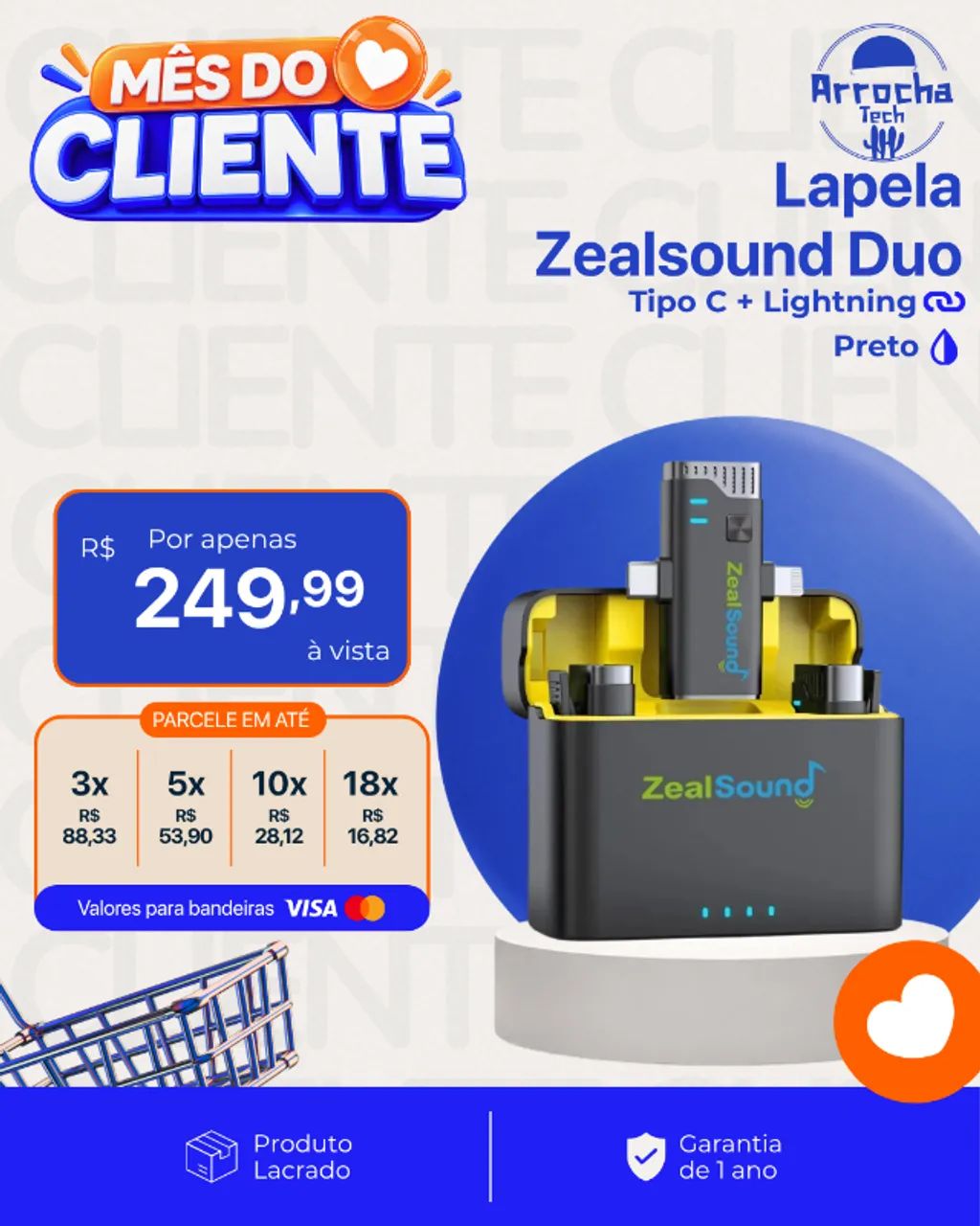 Microfones Sem Fio Lapela ZealSound - Tipo C e Tipo Lightning - Lacrado